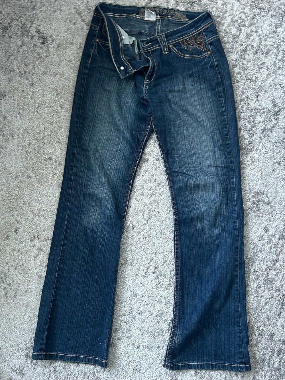 Women’s Dark Blue Boot-Cut Jeans — Subtle Embellished Pocket